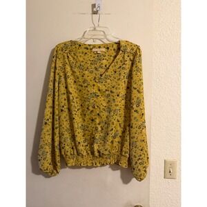Hope & Harlow Mustard Yellow Floral V-Neck‎ Smocked Hem Blouse Womens Large